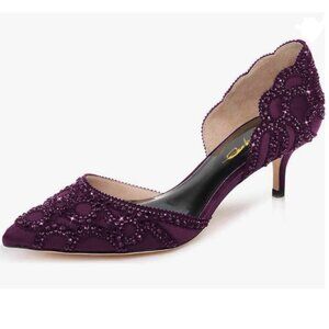 XYD Dark Purple Pointed Toe D'Orsay Kitten Heel Rhinestone Studs Pump